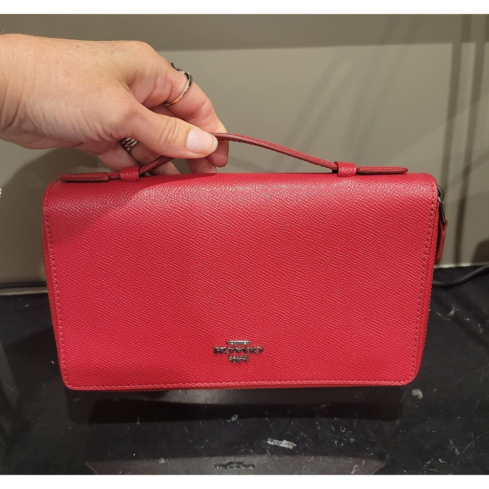 Coach Crossgrain Leather Double Zip Travel Wallet In Red New - Picture 4 of 15